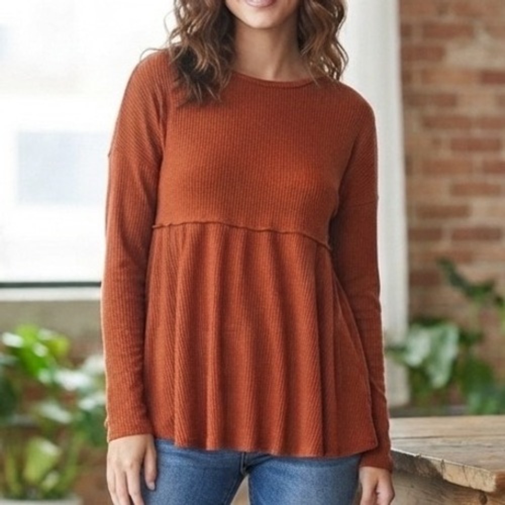 Altard State Mocha Rust Burnt Orange Waffle Knit Peplum Babydoll Top XL